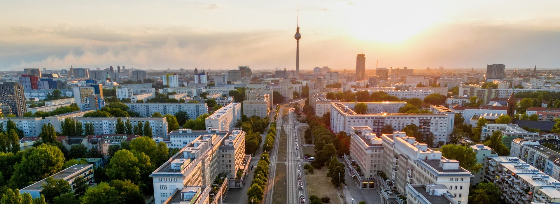 Scenic aerial shot of Berlin with TV Tower in golden light